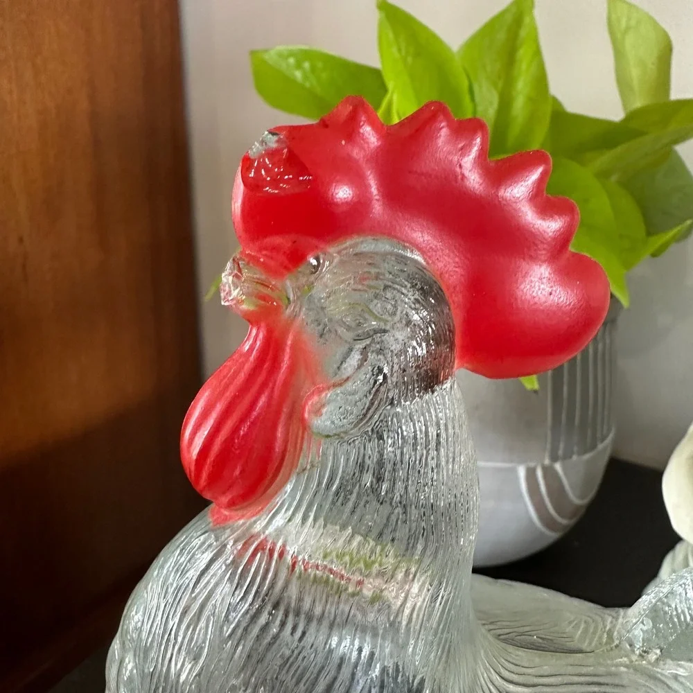 VTG Clear Glass Rooster Candy Dish Red Comb Pedestal Covered Compote Bowl MCM